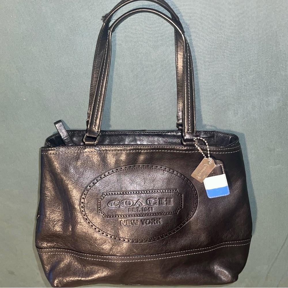 Coach Hampton Weekend Perforated Black Leather Tote Handbag #19391